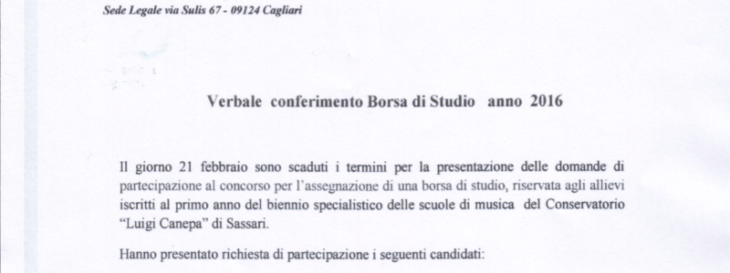 ESITO CONFERIMENTO BORSA DI STUDIO AGLI STUDENTI DEL BIENNIO DEL CONSERVATORIO DI MUSICA DI SASSARI ANNO 2016