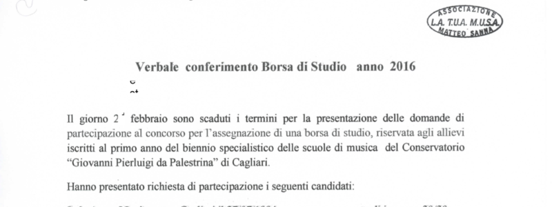 ESITO CONFERIMENTO BORSA DI STUDIO AGLI STUDENTI DEL BIENNIO DEL CONSERVATORIO DI MUSICA DI CAGLIARI ANNO 2016